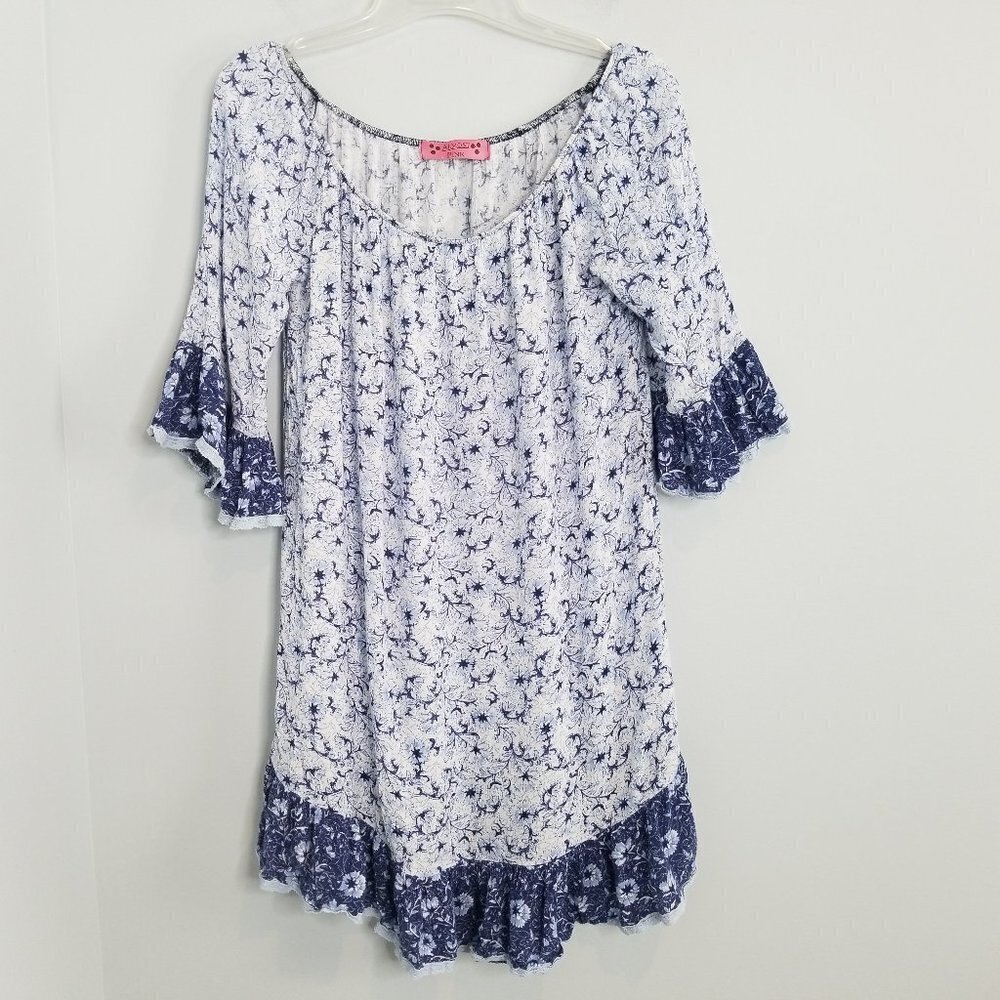 Blue & White Off shoulder dress Ruffle Sleeve L